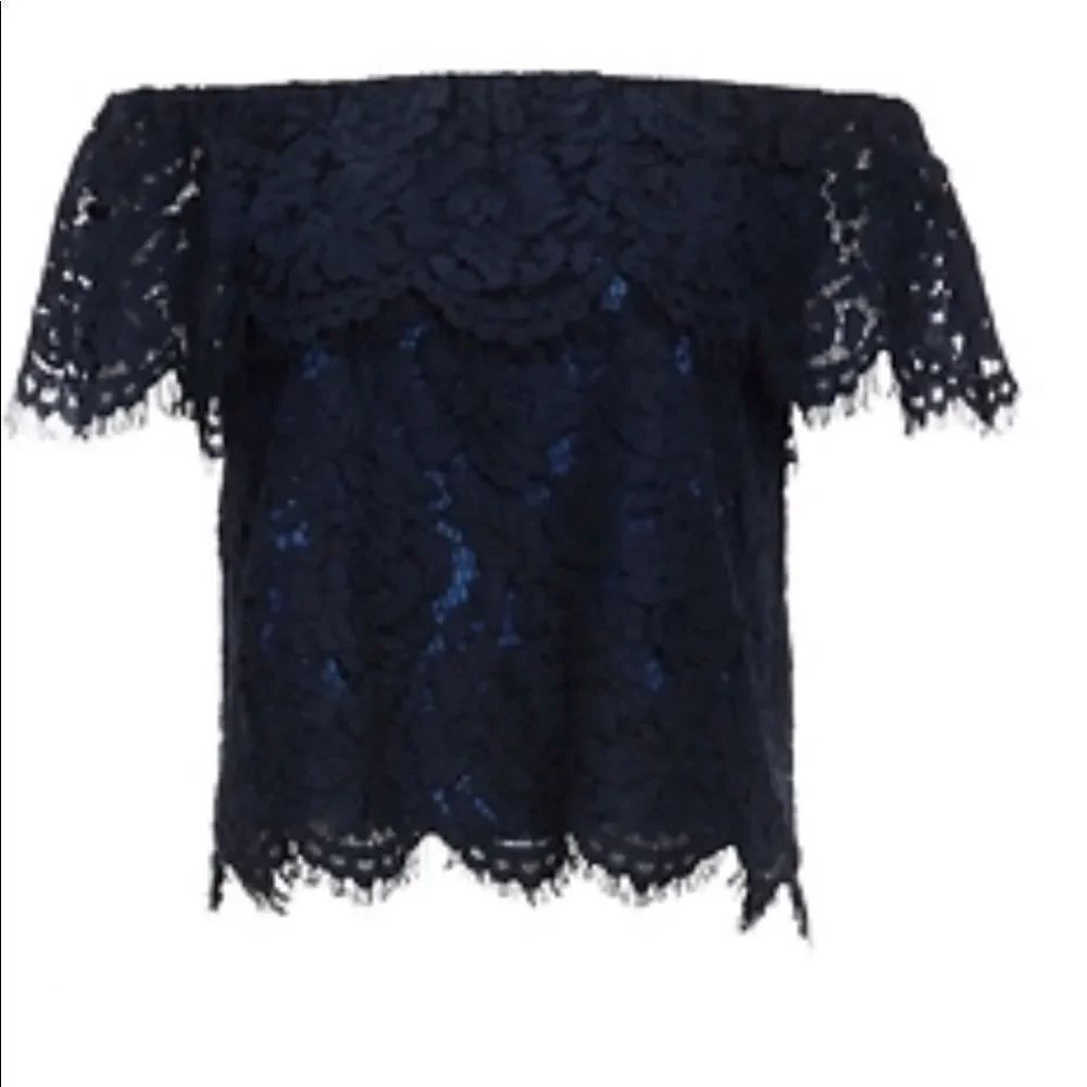 NWT Olivia Grey Navy Blouse with off the shoulder black lace- Size M